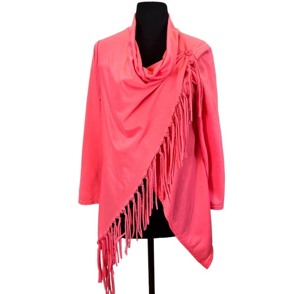 Hot Pink Lightweight Jacket Cardigan Jersey Knit Fringe Detail Assemetrical - Picture 2 of 9